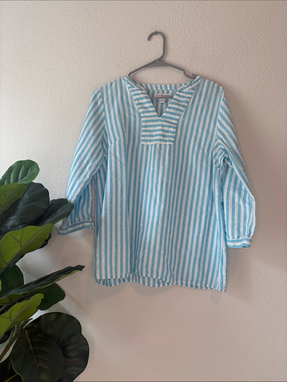 Kim Rogers Blue & White Striped V-Neck linen and cotton Top